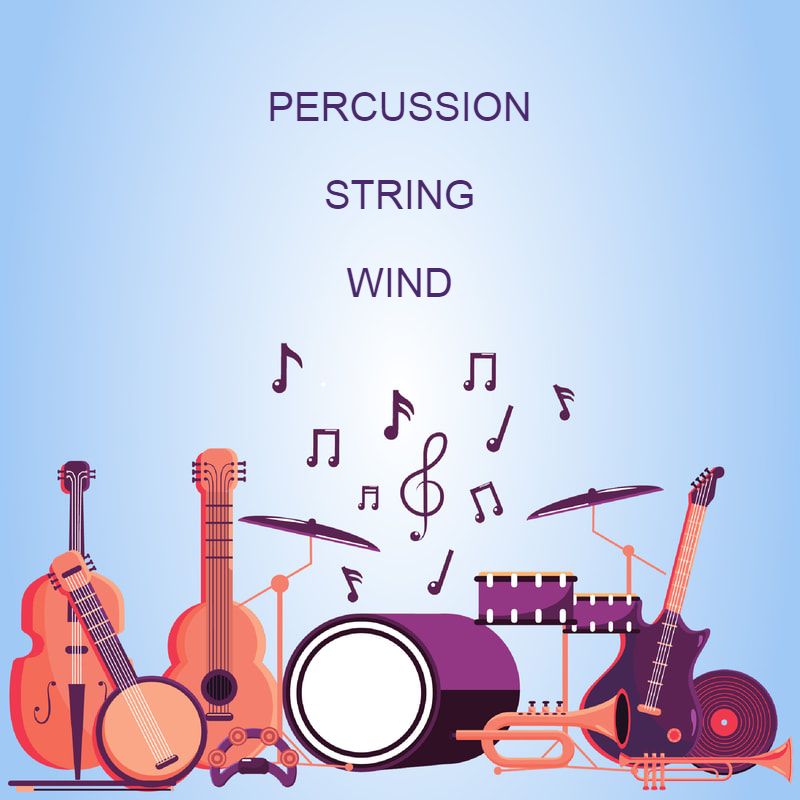 learn about the different musical instruments, wind, percussion, string